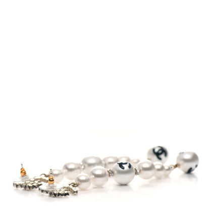 Chanel Pearl Crystal Coco's Pearls CC Long Drop Earrings Pearly White Gold Black 3 of 4