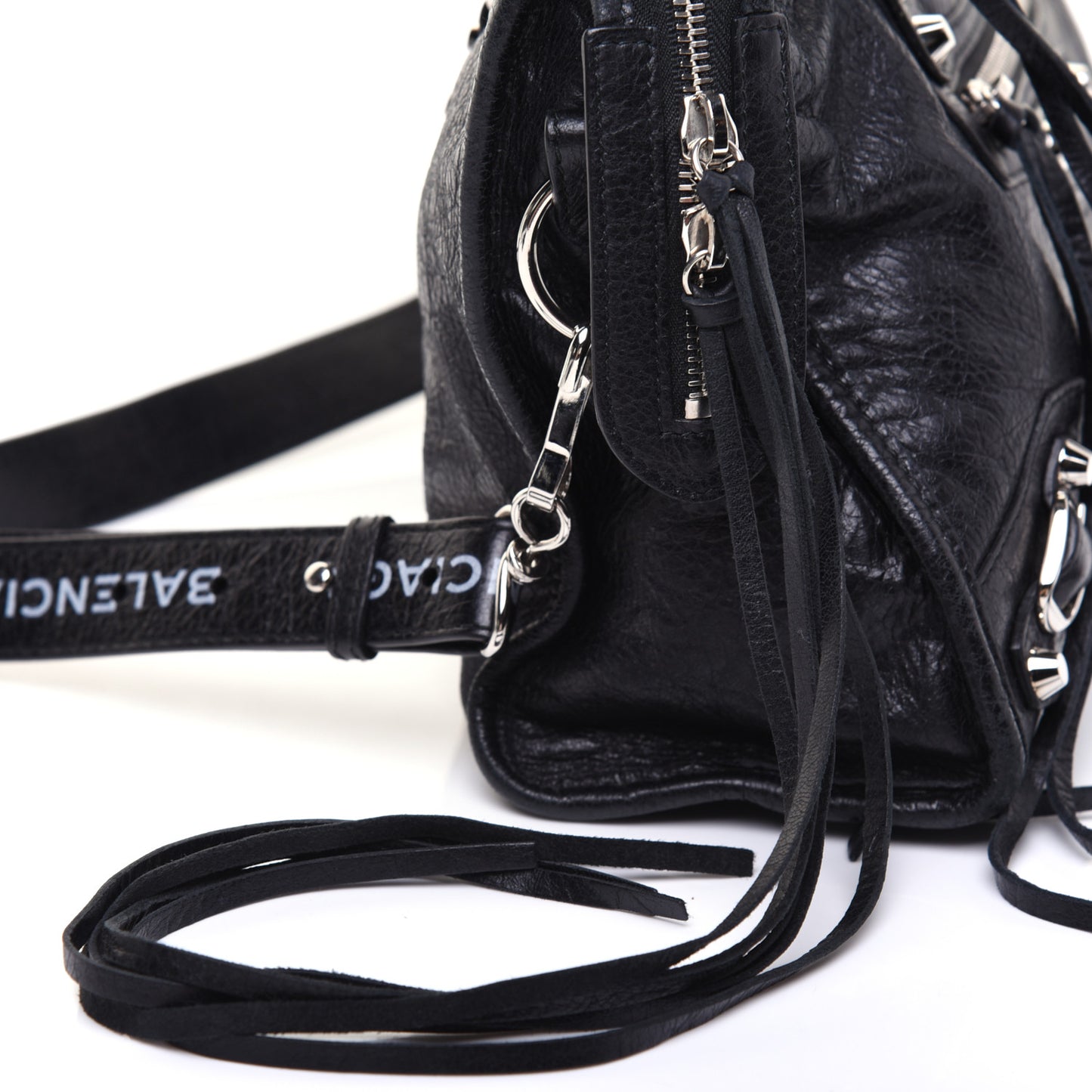 Agneau Classic Silver Hardware S City Logo Strap Black White