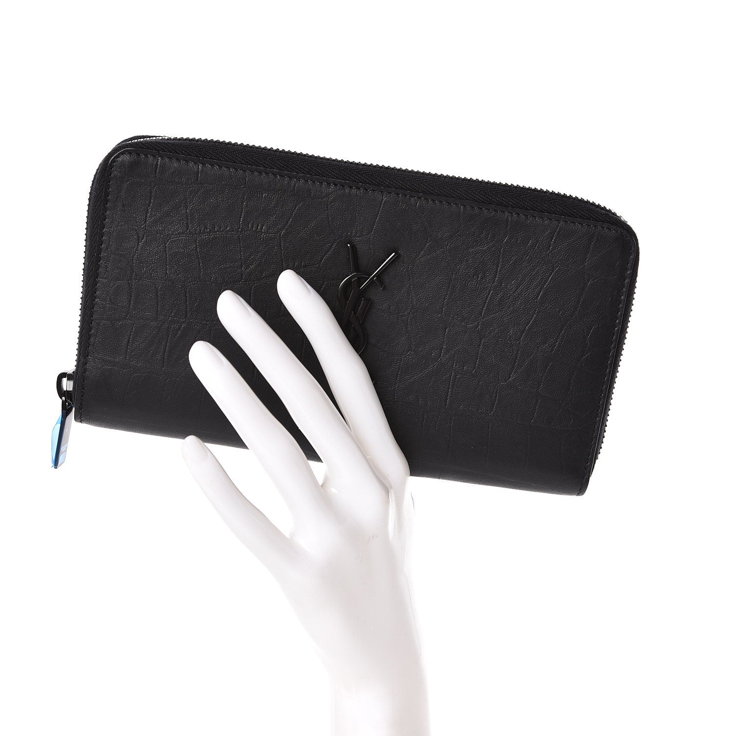 Saint Laurent Crocodile Embossed Sheepskin Mens Zip Around Continental Wallet Black 2 of 7