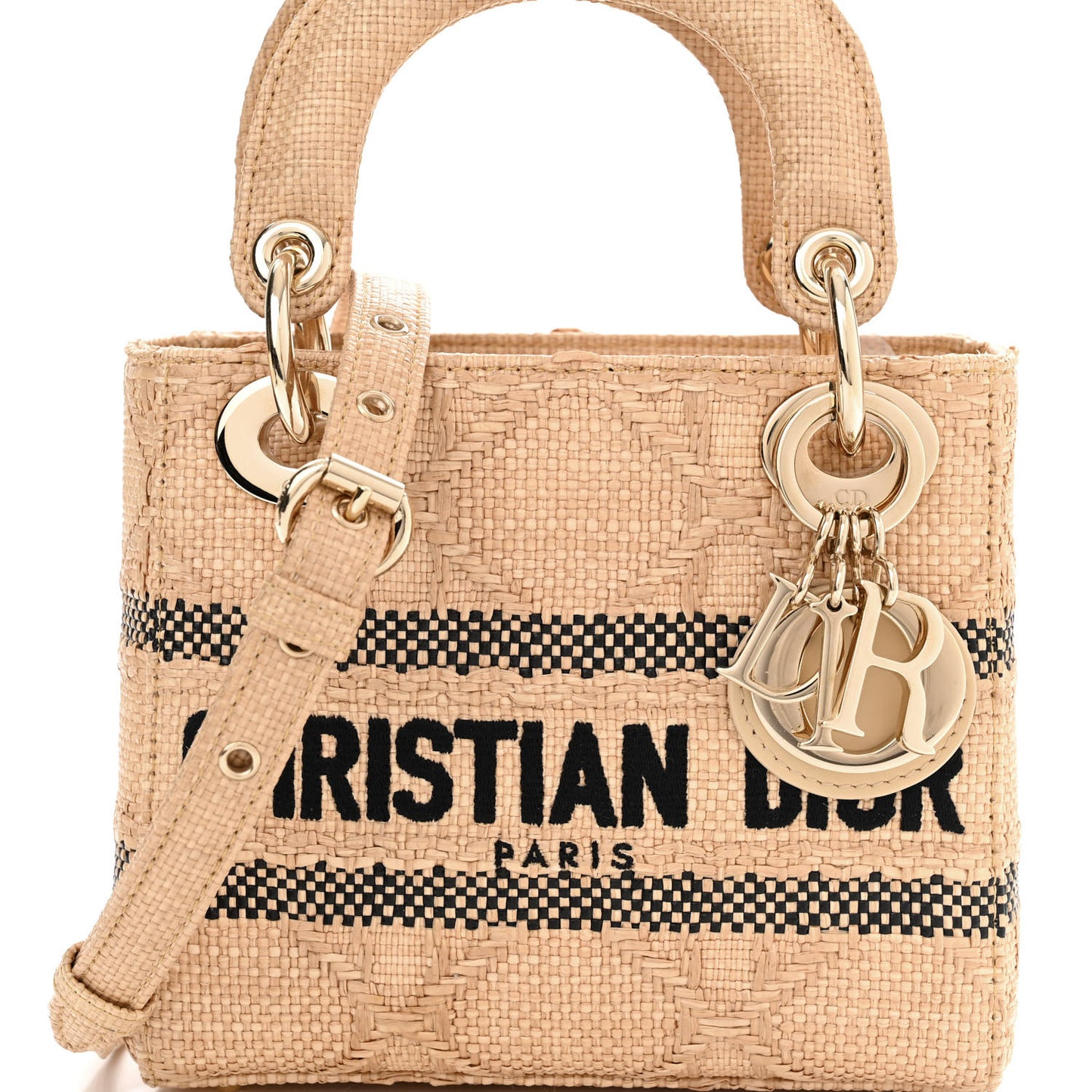 Raffia Woven Cannage Embroidered Mini Lady D-Lite Natural Black
