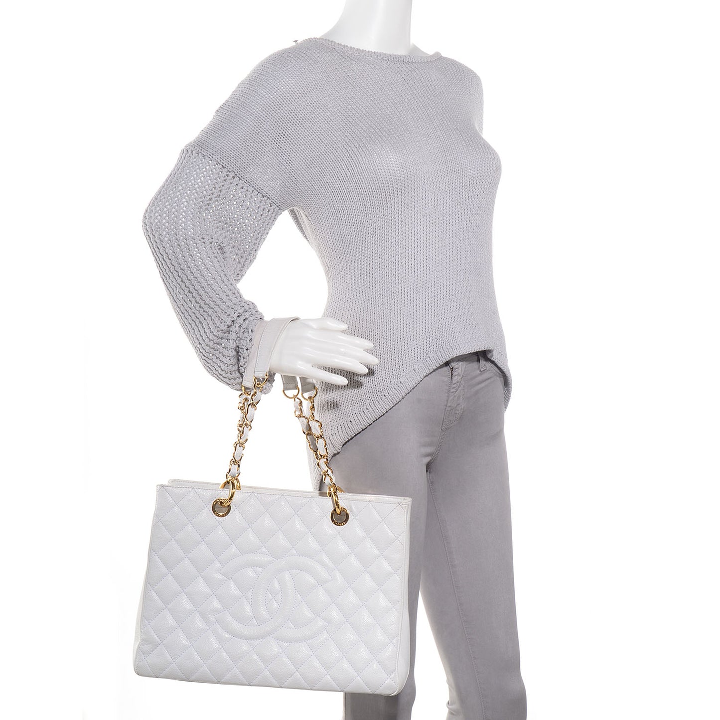Caviar Quilted Grand Shopping Tote GST White