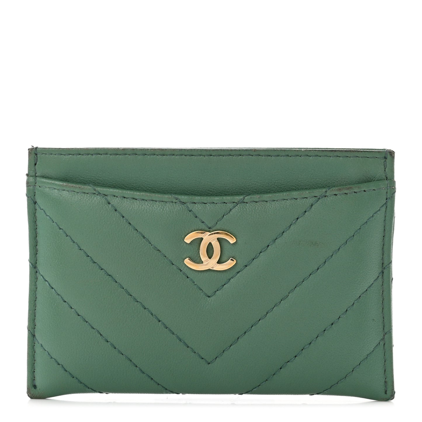 Lambskin Chevron Quilted Card Holder Green