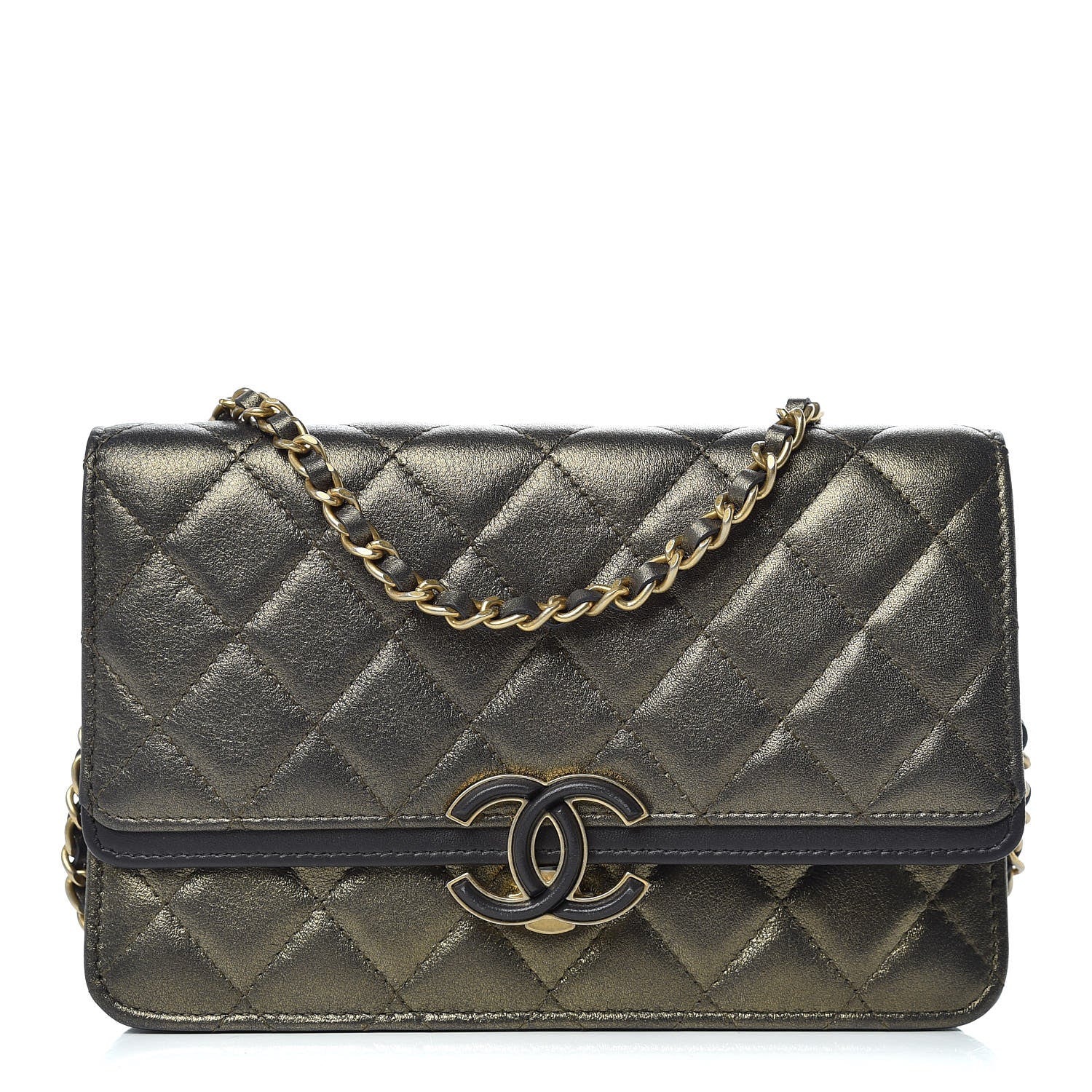 Chanel Metallic Calfskin Lambskin Quilted CC Chic Wallet on Chain WOC Dark Gold Grey 1 of 10