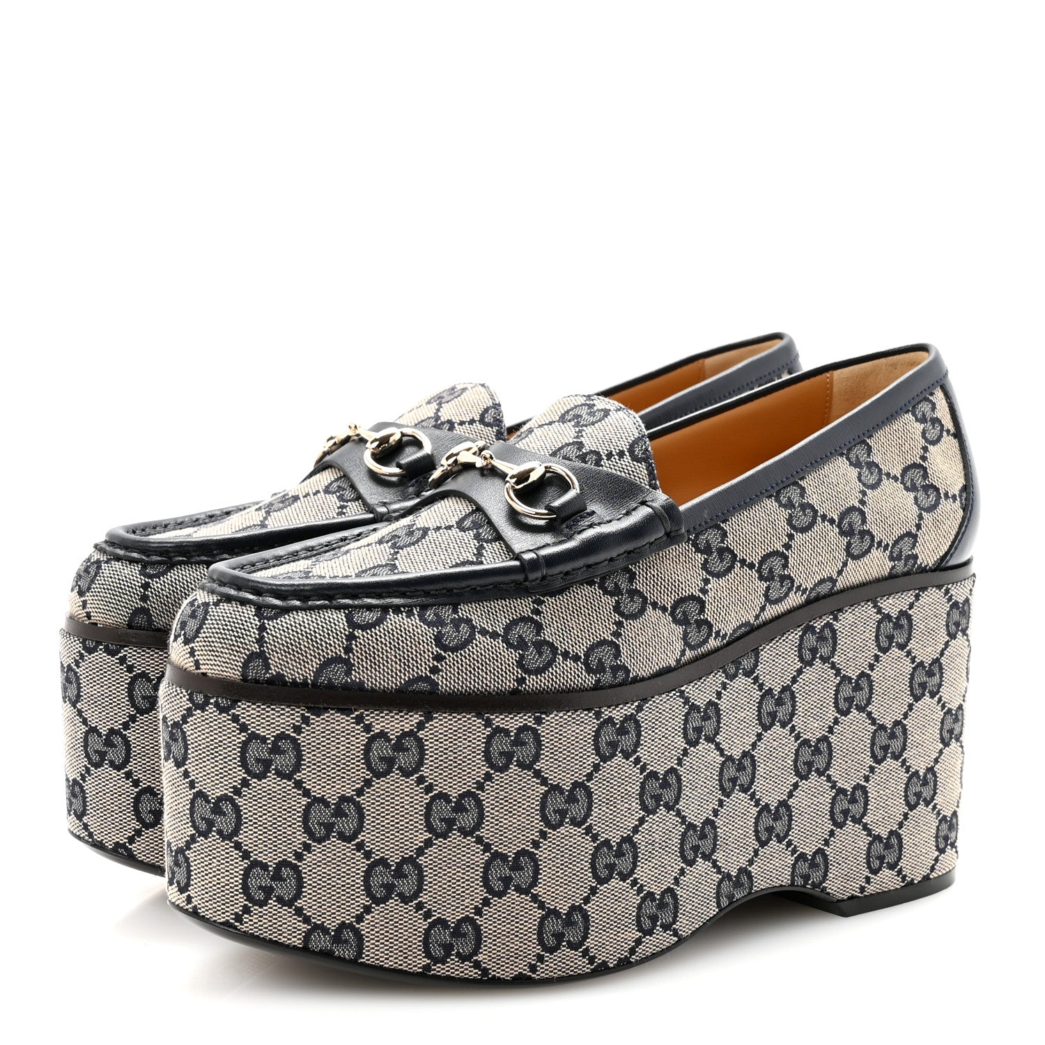 Gucci Canvas GG Monogram Horsebit Calfskin Womens Horsebit Platform Loafers 37.5 Beige Blue 4 of 10