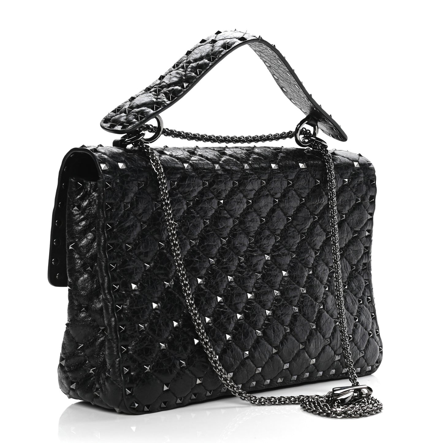 Craquele Nappa Large Rockstud Spike Shoulder Bag Black