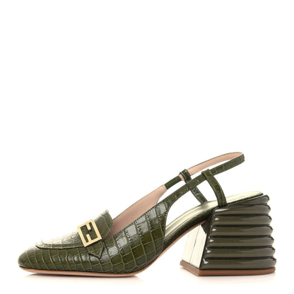 Fendi Calfskin Crocodile Embossed Promenade Slingback Loafer Pumps 39 Military Green 1 of 8