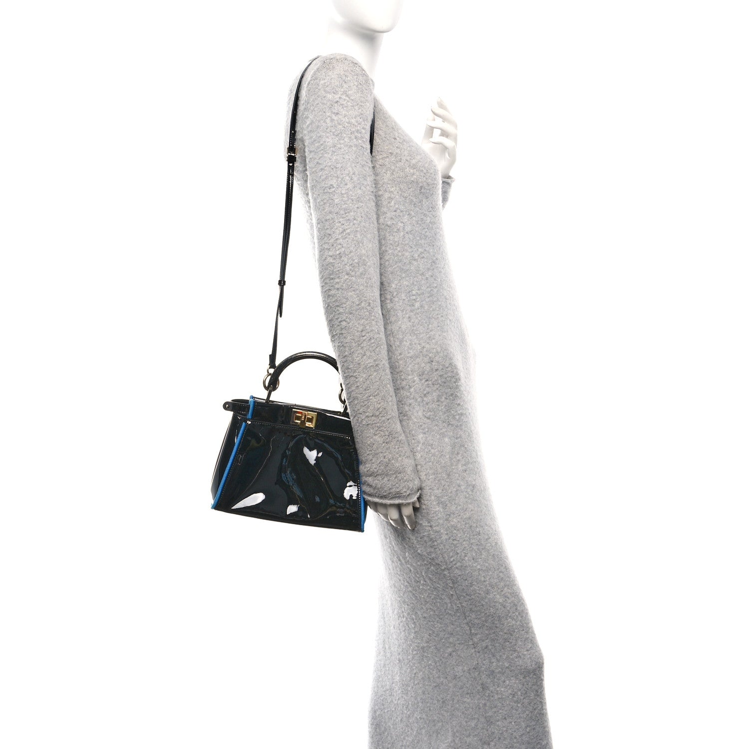 Fendi Patent Mini Plexi Handle Peekaboo Iconic Satchel Black Blue