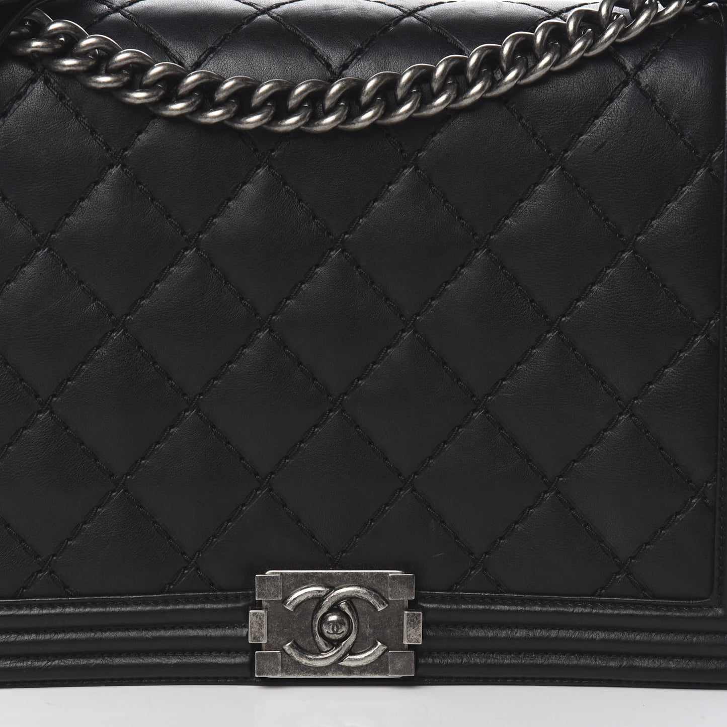 Calfskin Double Stitch Large Boy Flap Black