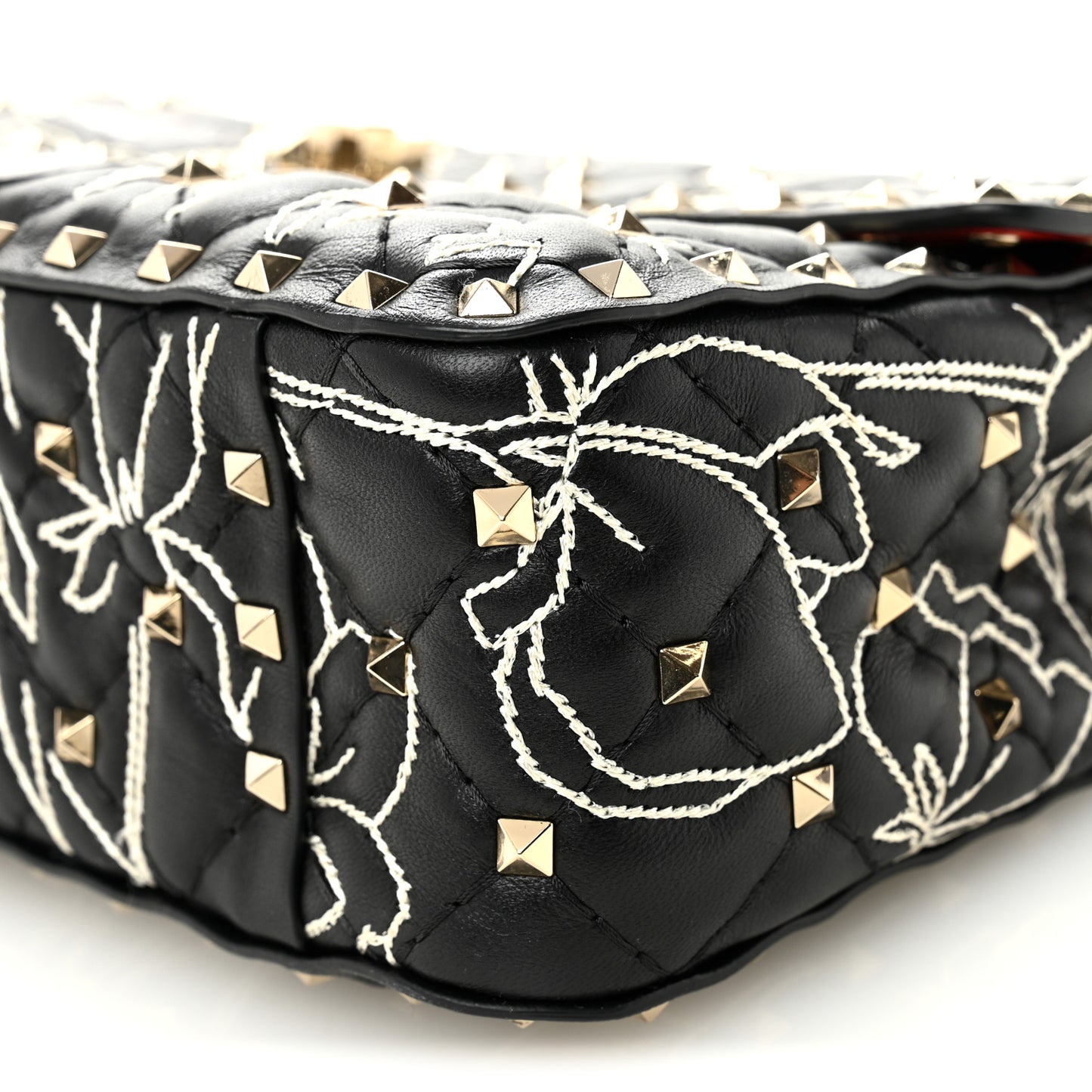 Nappa Embroidered Floral Medium Rockstud Spike Shoulder Bag Black Red
