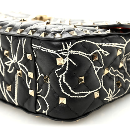 Valentino Garavani Nappa Embroidered Floral Medium Rockstud Spike Shoulder Bag Black Red 10 of 10