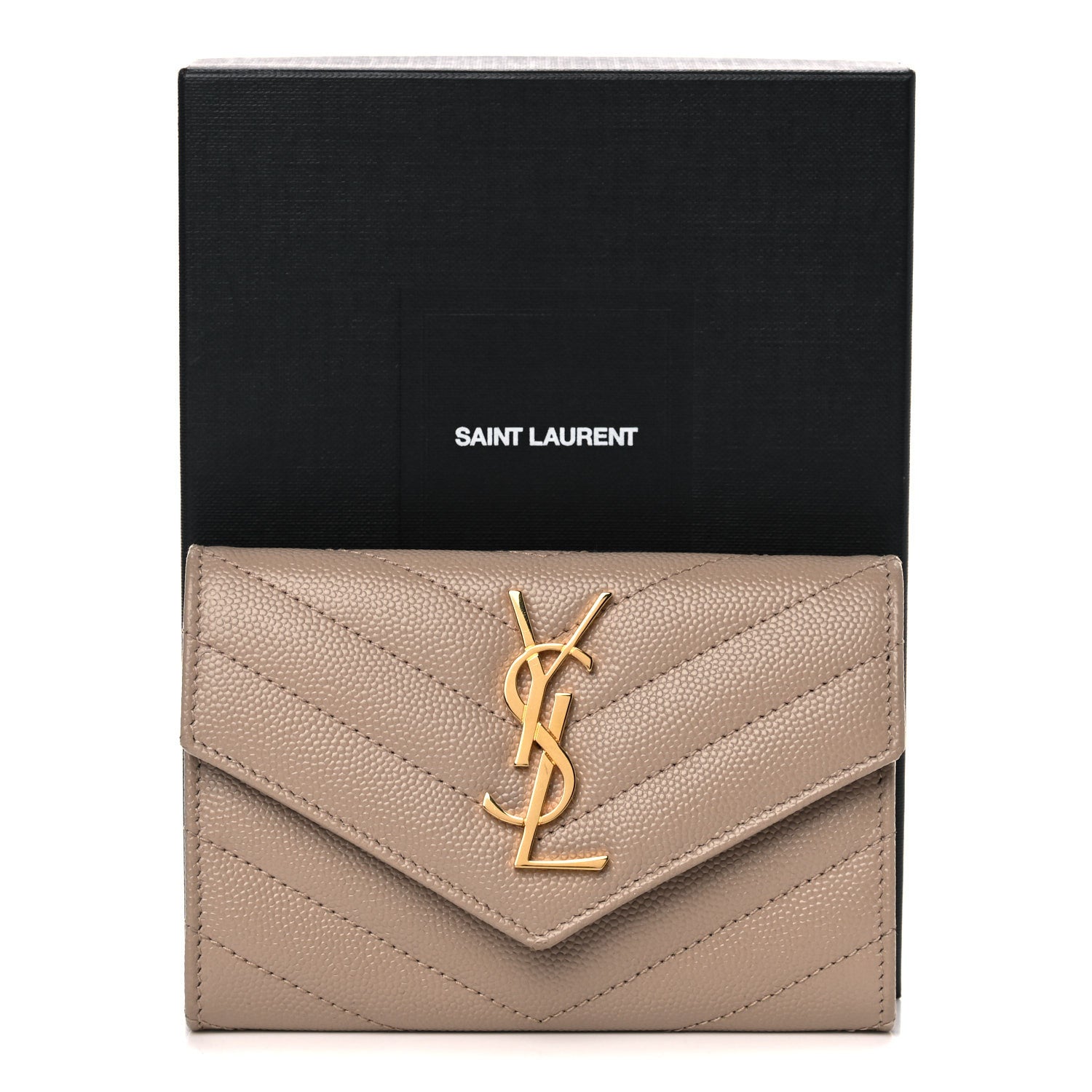 Saint Laurent Grain De Poudre Matelasse Chevron Small Monogram Envelope Wallet Dark Beige 13 of 13
