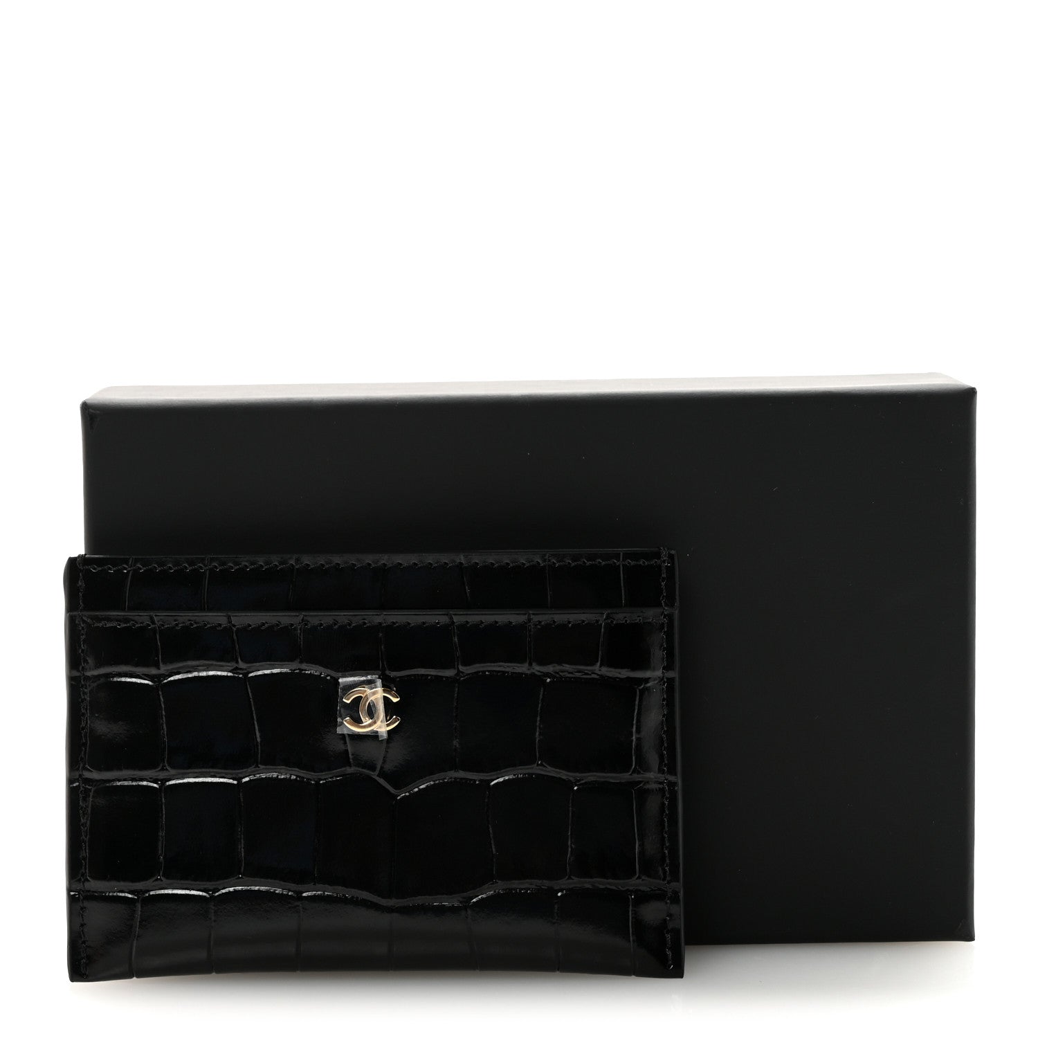 Chanel Calfskin Crocodile Embossed Crococo Card Holder Black