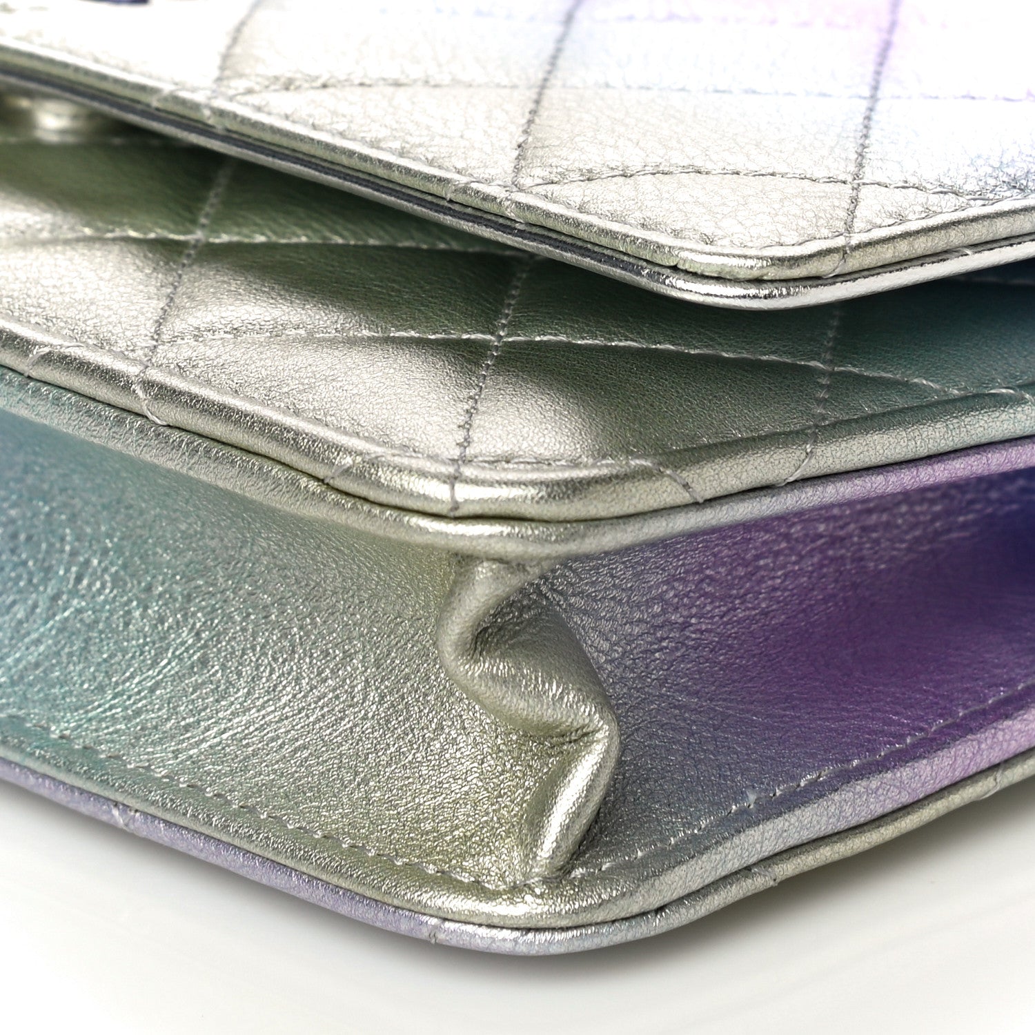 Chanel Gradient Metallic Calfskin Quilted Wallet On Chain WOC Silver Blue Yellow Purple 9 of 19