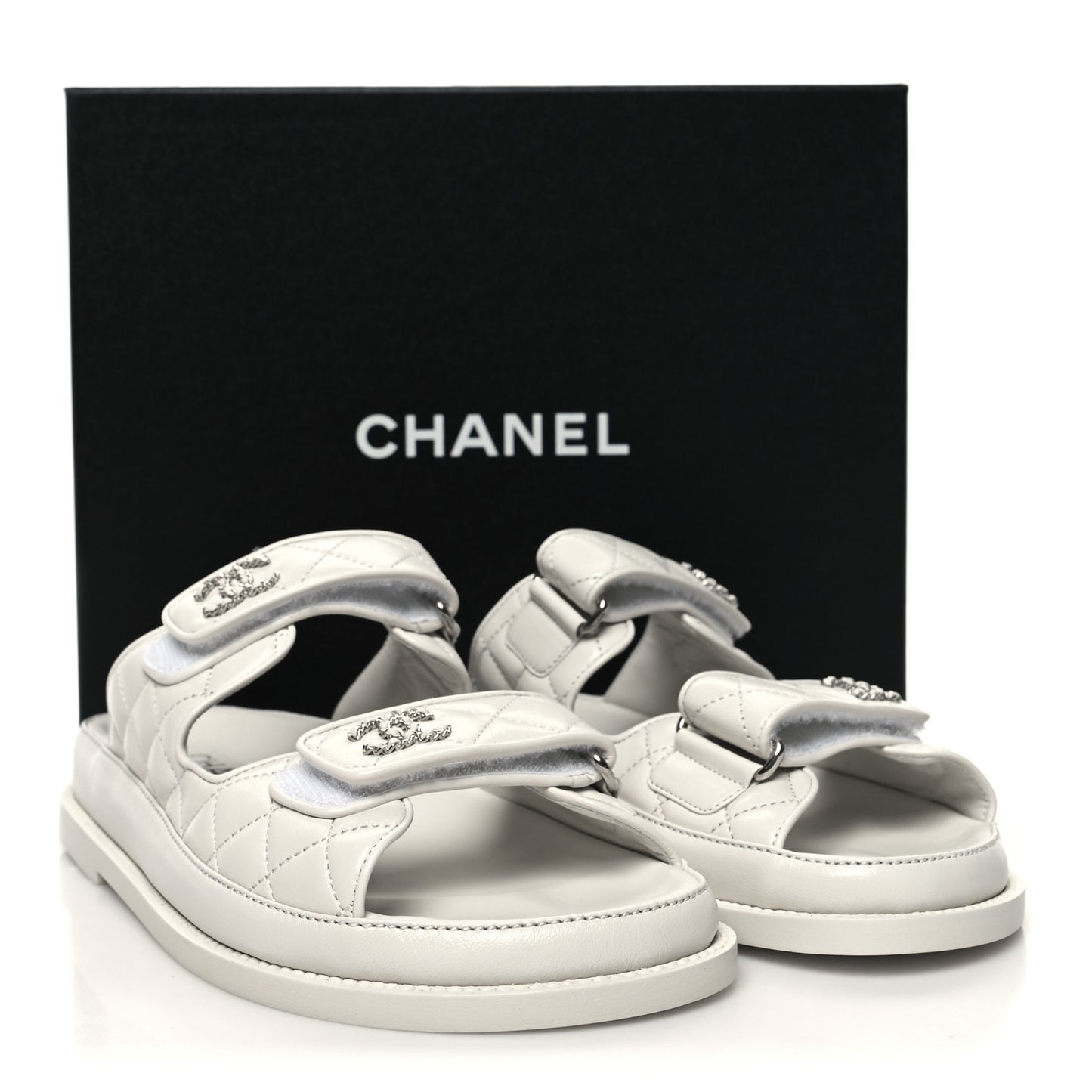 Lambskin Quilted Velcro Dad Chain CC Slide Sandals 38 White