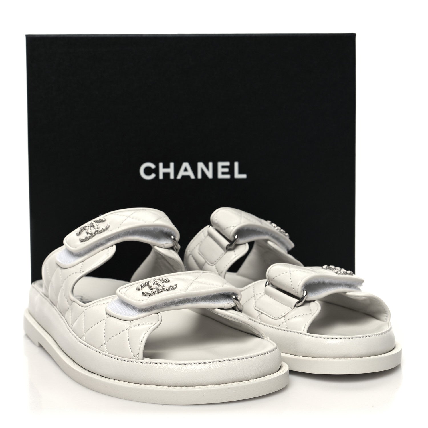 Chanel Lambskin Quilted Velcro Dad Chain CC Slide Sandals 38 White 9 of 9