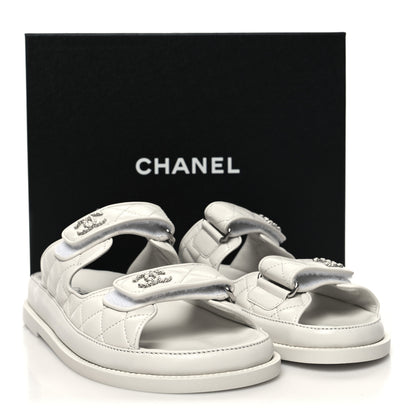 Chanel Lambskin Quilted Velcro Dad Chain CC Slide Sandals 38 White 9 of 9
