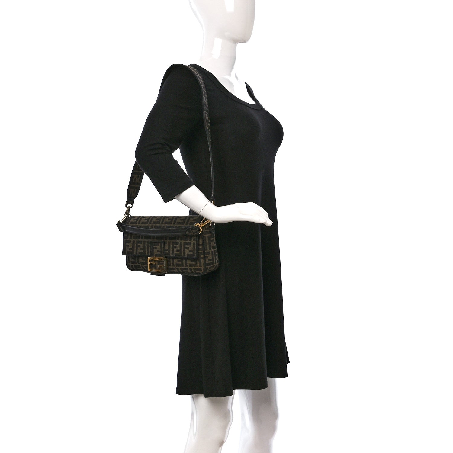 Fendi Fabric Jacquard FF 1974 Medium Baguette Tobacco Moro Black 2 of 9