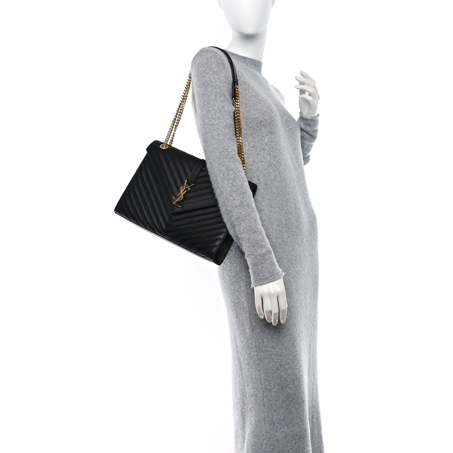 Saint Laurent SAINT LAURENT Grain De Poudre Matelasse Chevron Large Monogram Satchel Black 2 of 11