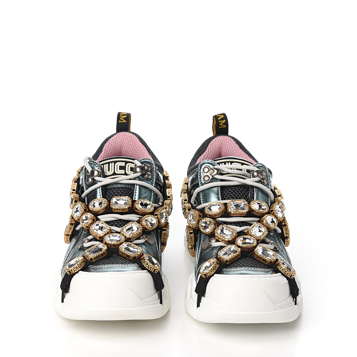 X SEGA Metallic Calfskin Removable Crystals Womens Flashtrek Sneakers 38 Lago Loess Silver