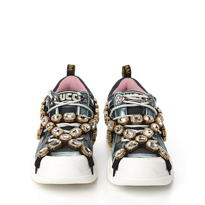 Gucci X SEGA Metallic Calfskin Removable Crystals Womens Flashtrek Sneakers 38 Lago Loess Silver 2 of 9