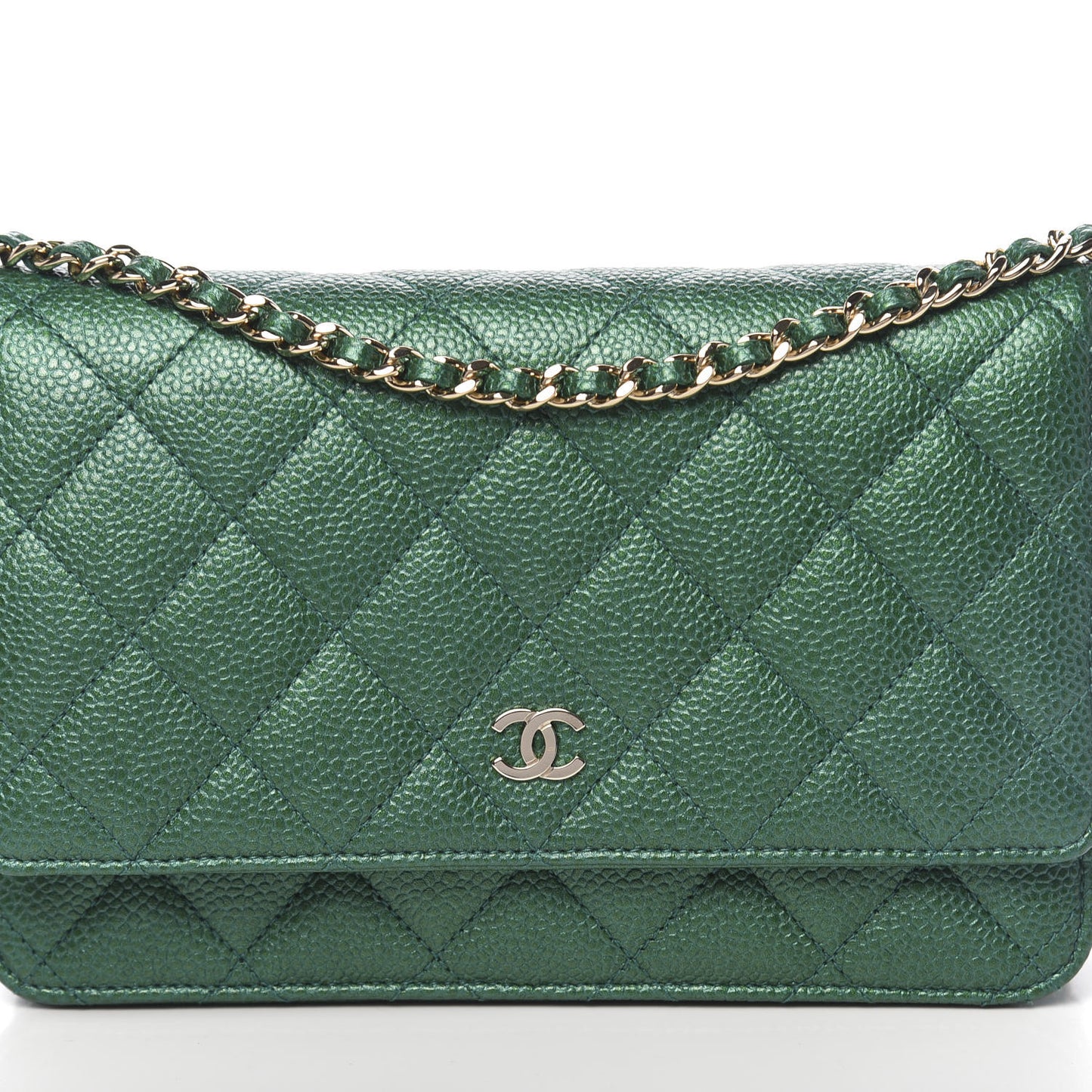 Metallic Caviar Quilted Wallet On Chain WOC Green
