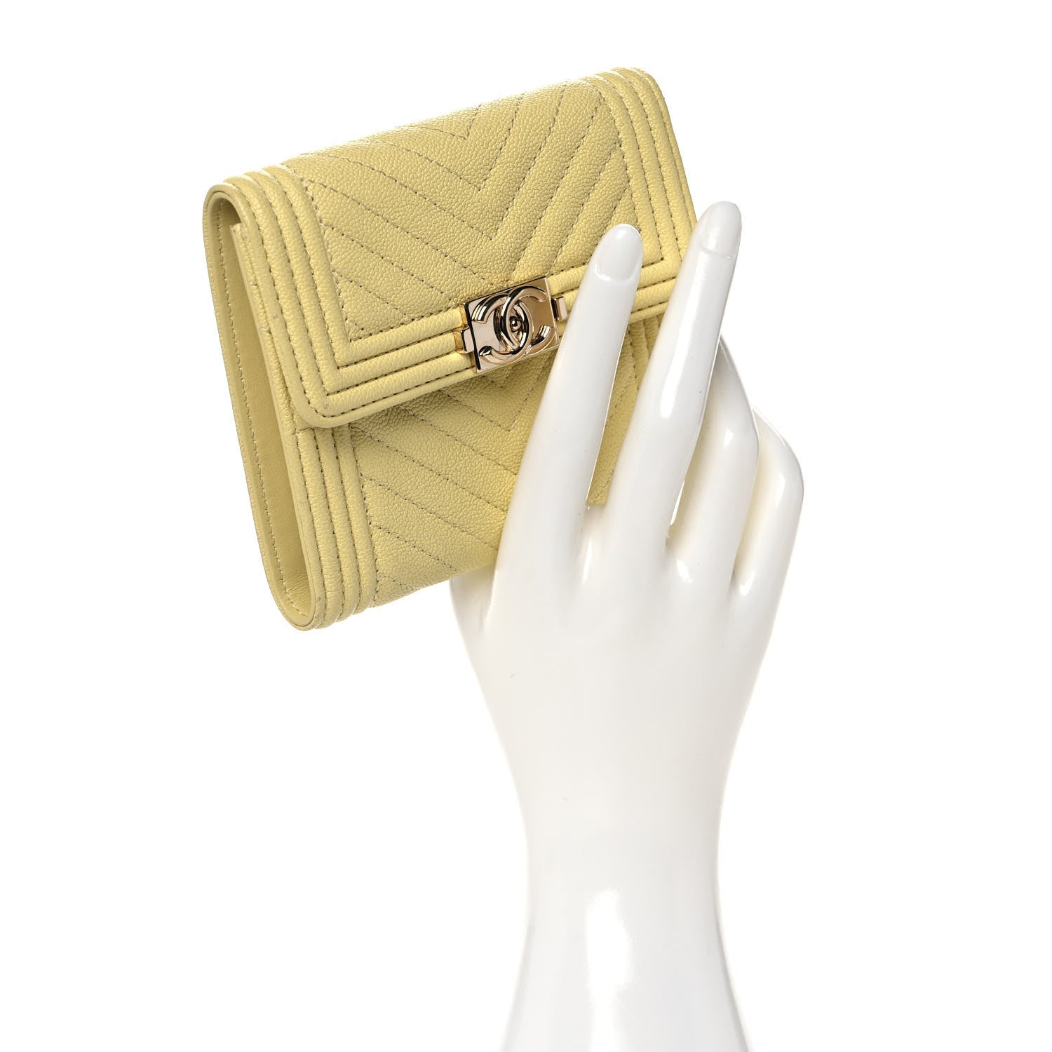Chanel Caviar Chevron Quilted Boy Compact Wallet Yellow 2 of 11