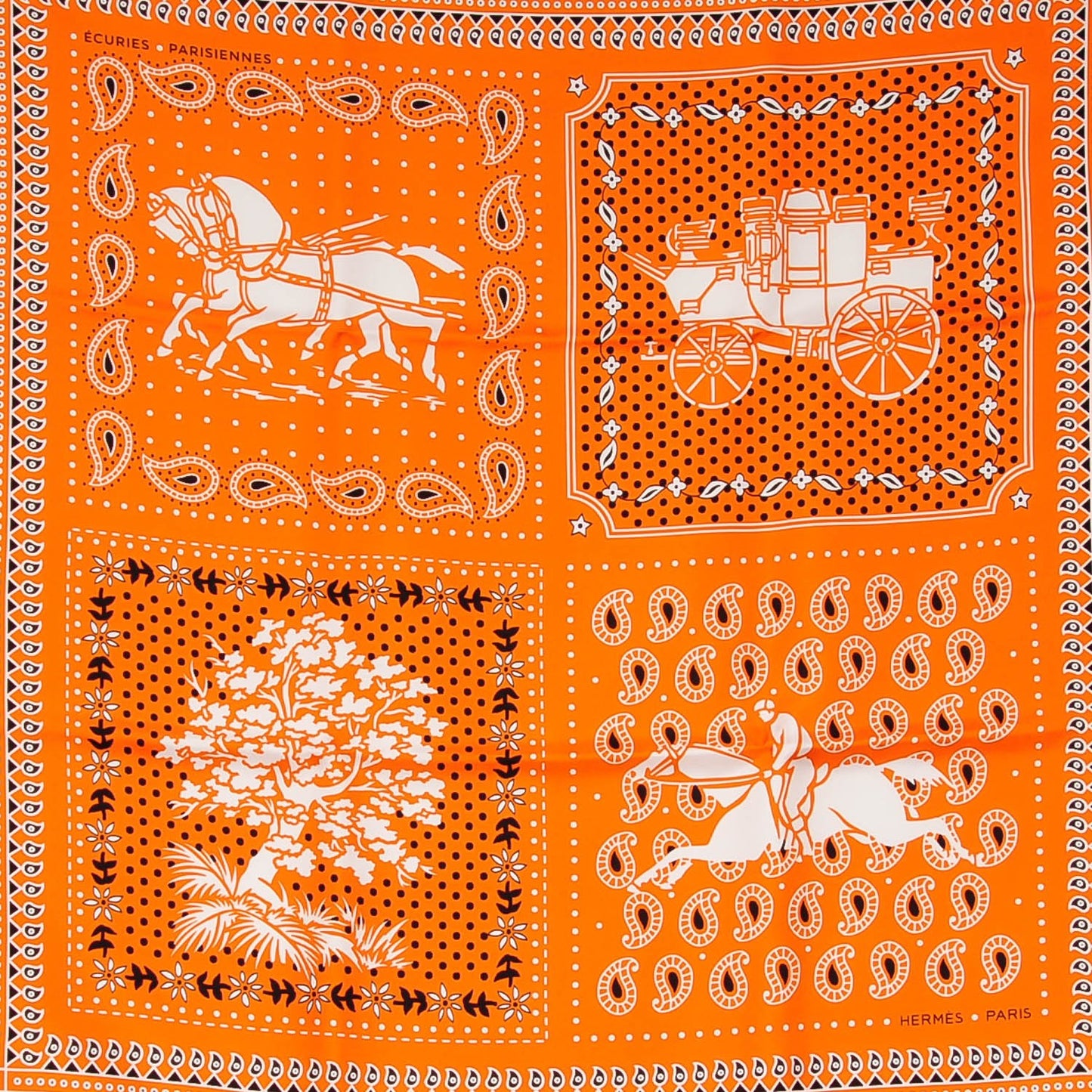 Silk Ecuries Parisiennes Bandana Scarf 55 Orange Noir Blanc