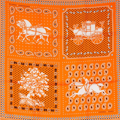 Hermes Silk Ecuries Parisiennes Bandana Scarf 55 Orange Noir Blanc 1 of 7