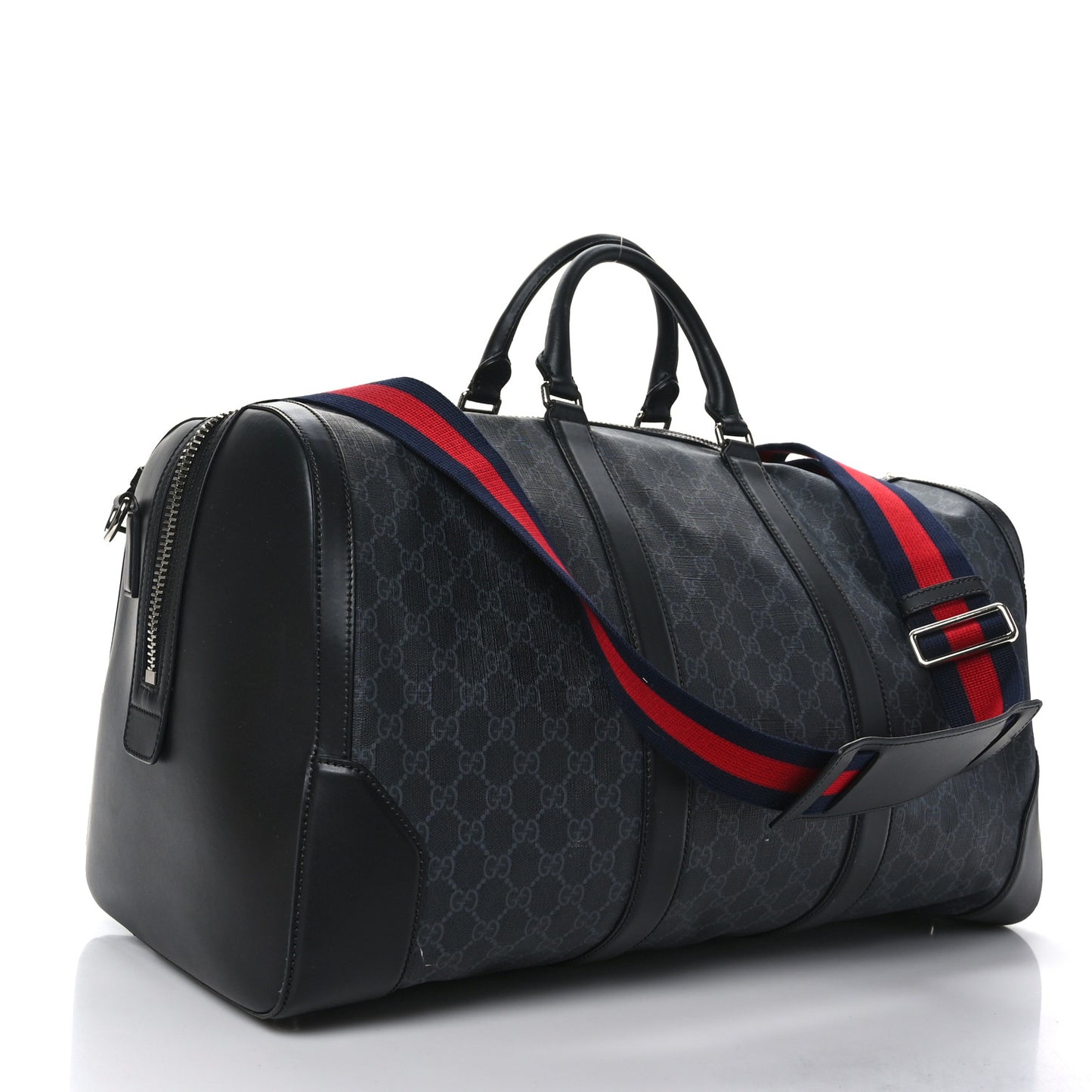 Soft GG Supreme Monogram Appia Calfskin Web Large Carry On Duffle Bag Black Grey