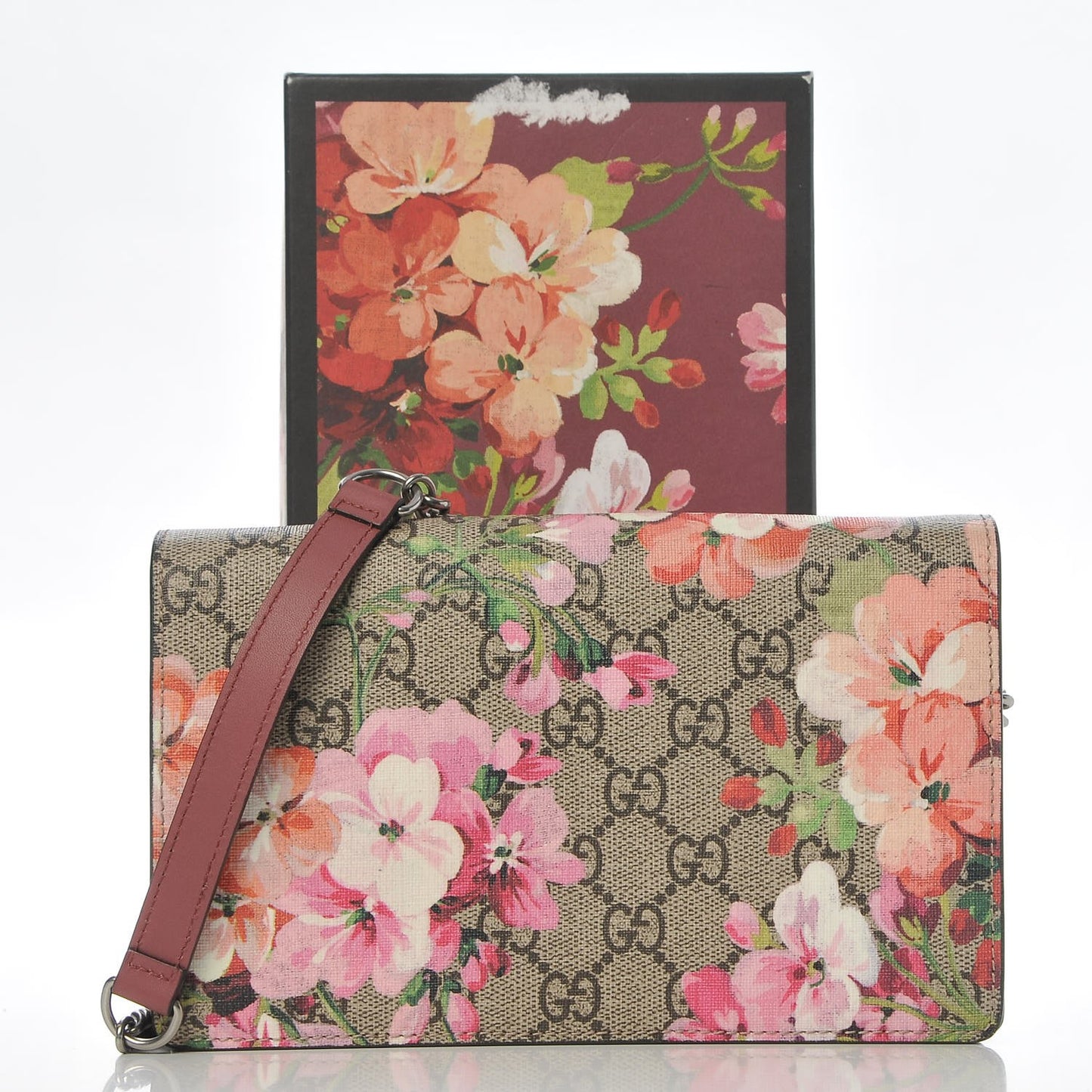 GG Supreme Monogram Blooms Chain Wallet Beige Multicolor Dry Rose