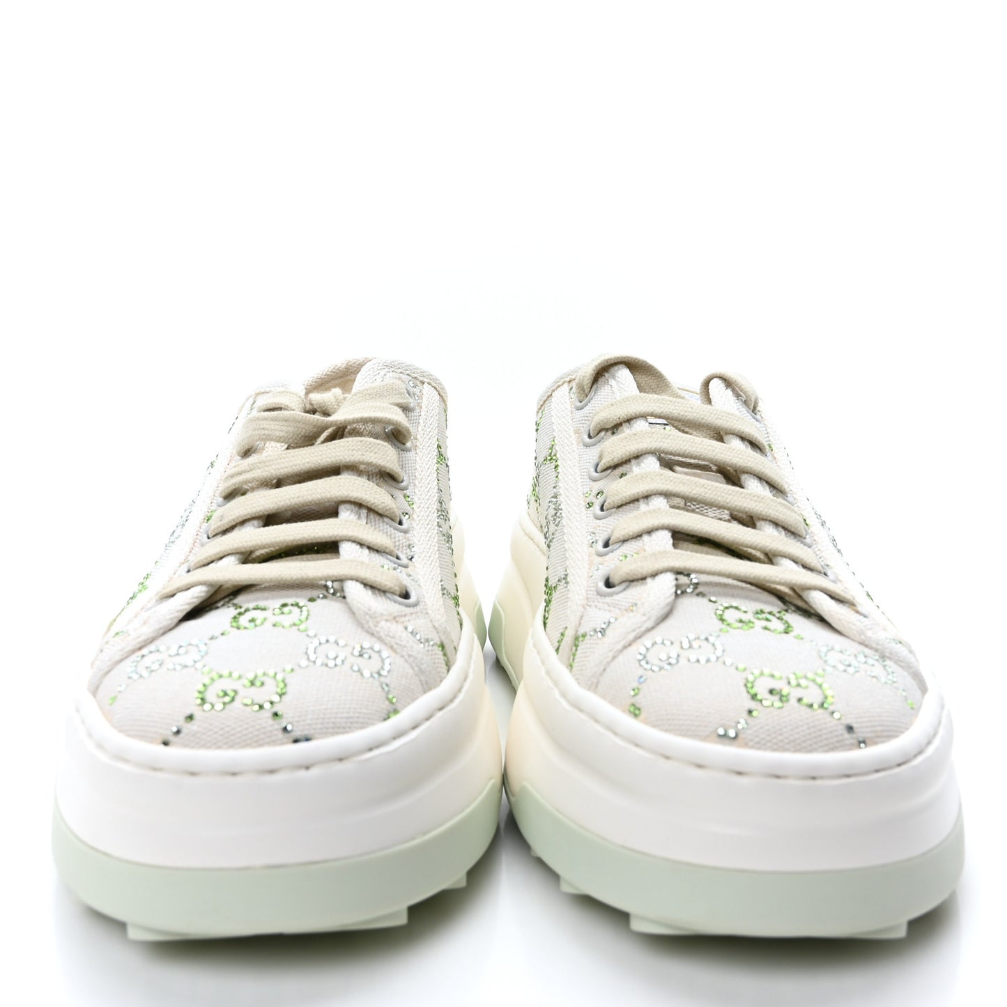 Canvas Lame Crystal GG Monogram Womens 1977 Tennis Sneakers 38.5 Medium Cream Mystic White