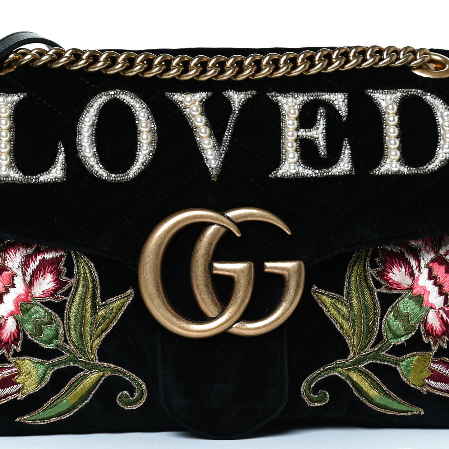 Velvet Matelasse Loved Embroidered Medium GG Marmont Shoulder Bag Black