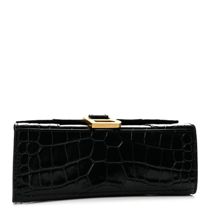 Balenciaga Shiny Calfskin Crocodile Embossed Hourglass Top Handle Bag XS Black 4 of 12
