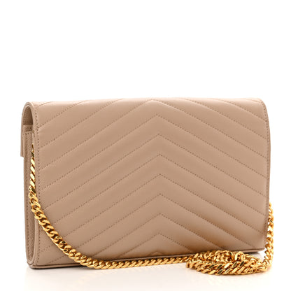 Saint Laurent Grain De Poudre Matelasse Chevron Monogram Chain Wallet Deep Beige 3 of 9