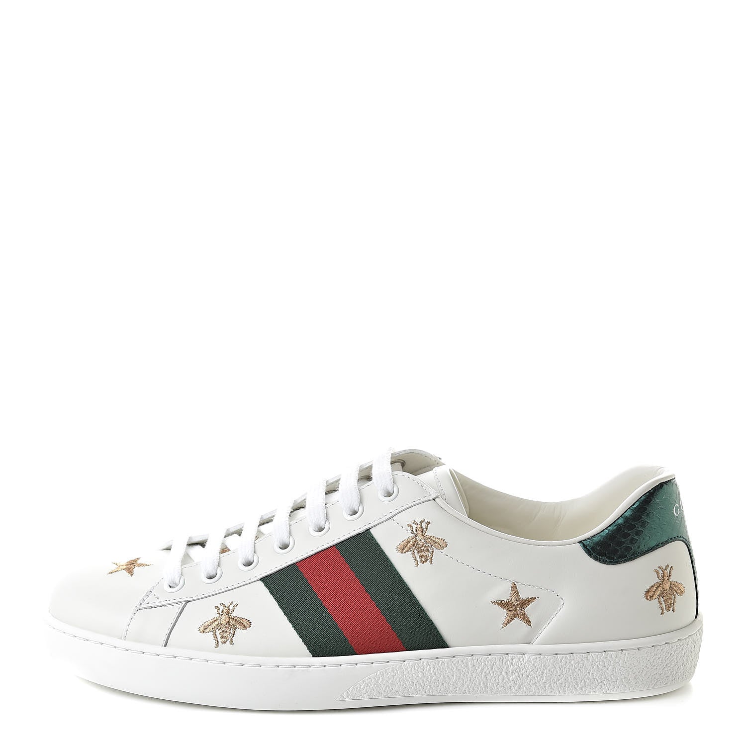 Gucci Calfskin Ayers Web Bee Star Embroidered Mens Ace Sneakers 8 White Green 1 of 11