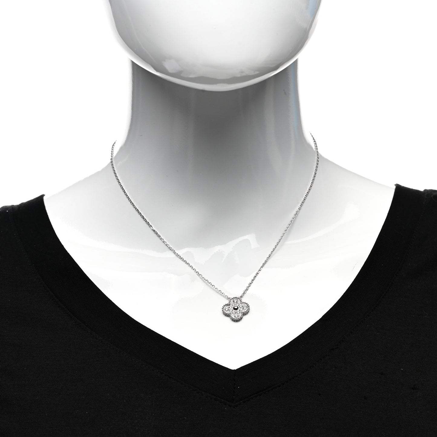 18K White Gold Diamond Vintage Alhambra Pendant Necklace