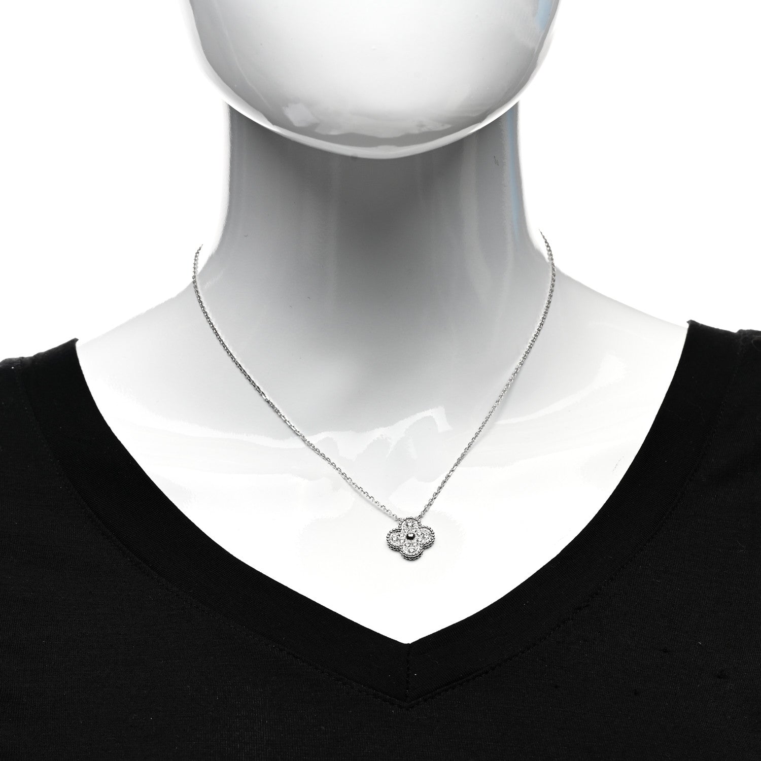 Van Cleef & Arpels 18K White Gold Diamond Vintage Alhambra Pendant Necklace 2 of 5
