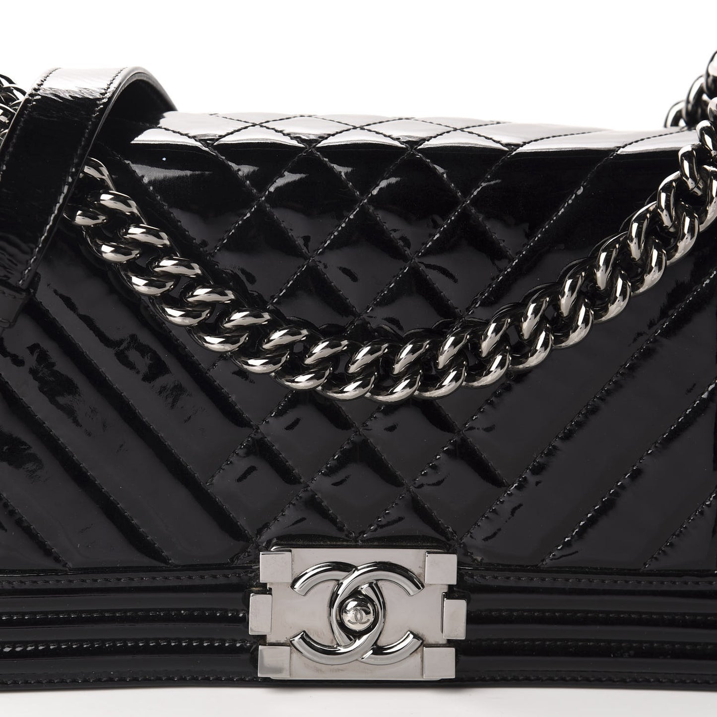 Patent Chevron Quilted Medium Boy Flap Black