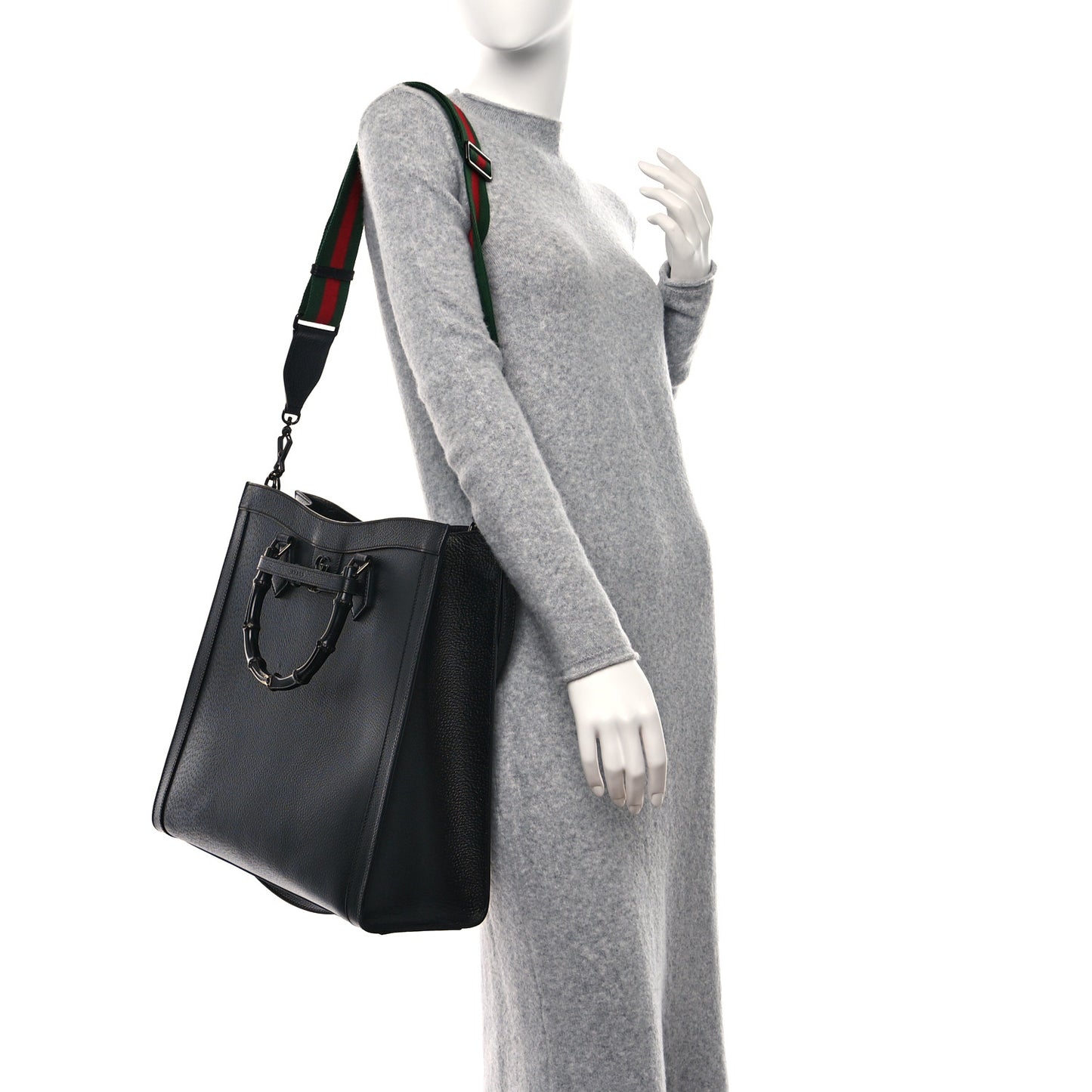 Textured Dollar Calfskin Web Monochrome Large Diana Tote Bag Black