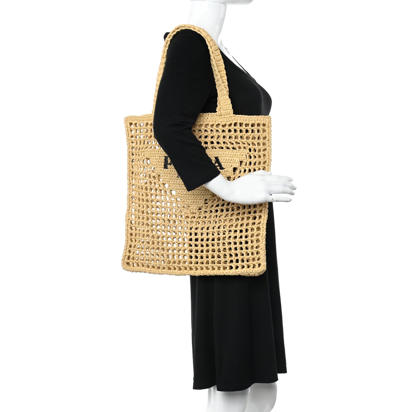 Yarn Raffia Effect Crochet Logo Embroidered Tote Bag Naturale