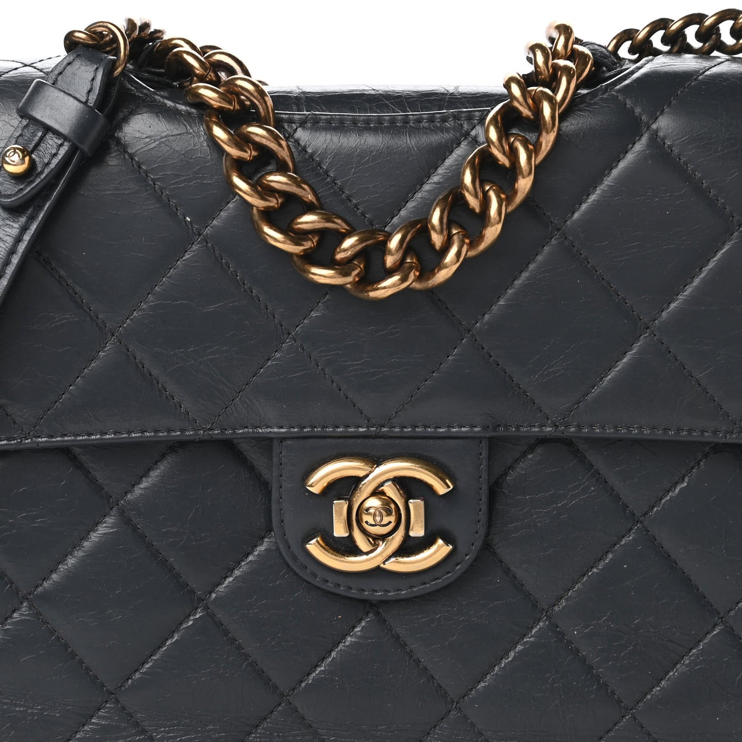 Glazed Calfskin Quilted Large Perfect Edge Flap Navy