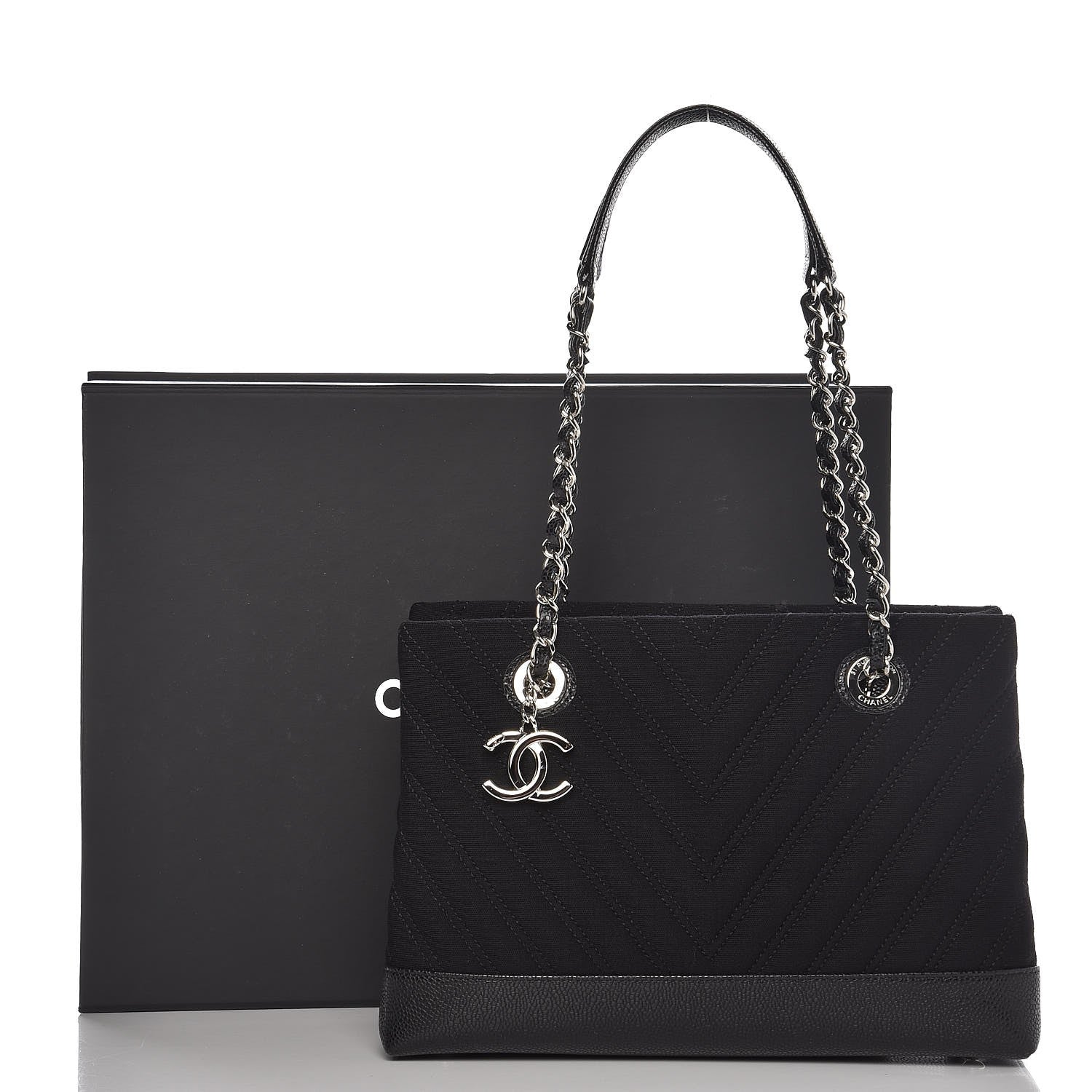 Chanel Canvas Caviar Chevron Shopper Tote Black 8 of 9