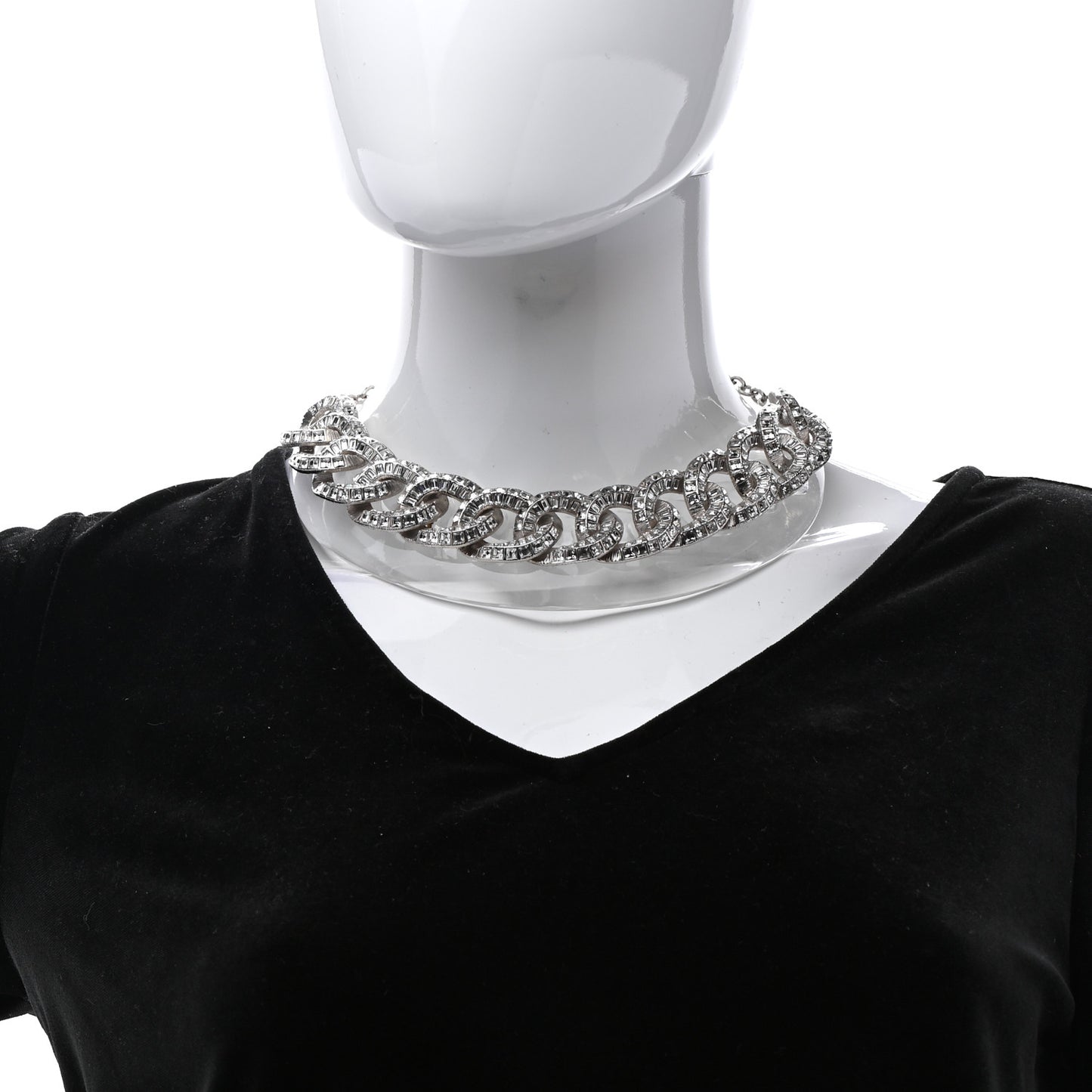Baguette Crystal CC Chain Link Choker Necklace Silver