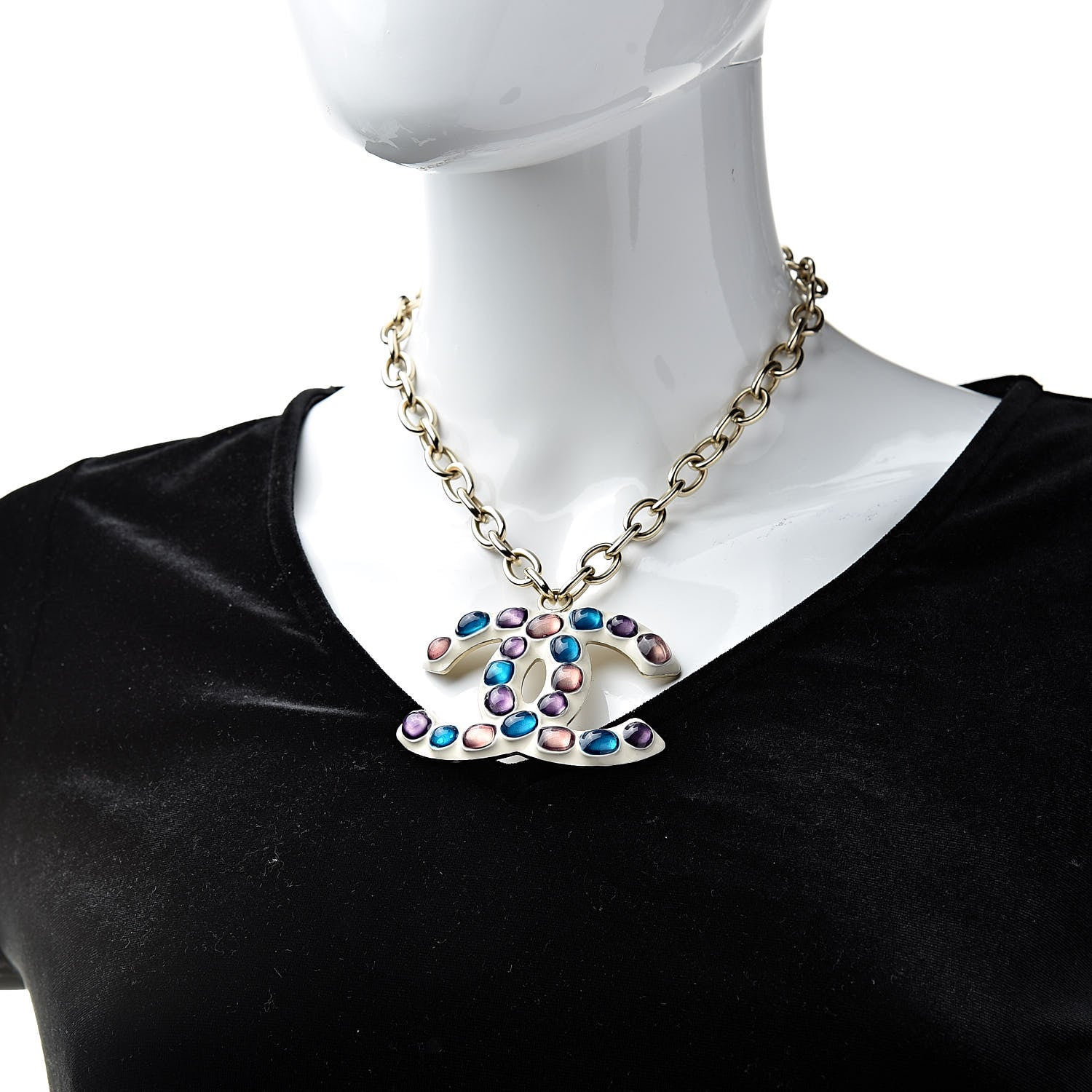 Chanel Poured Glass Large CC Pendant Necklace Gold Multicolor 2 of 6