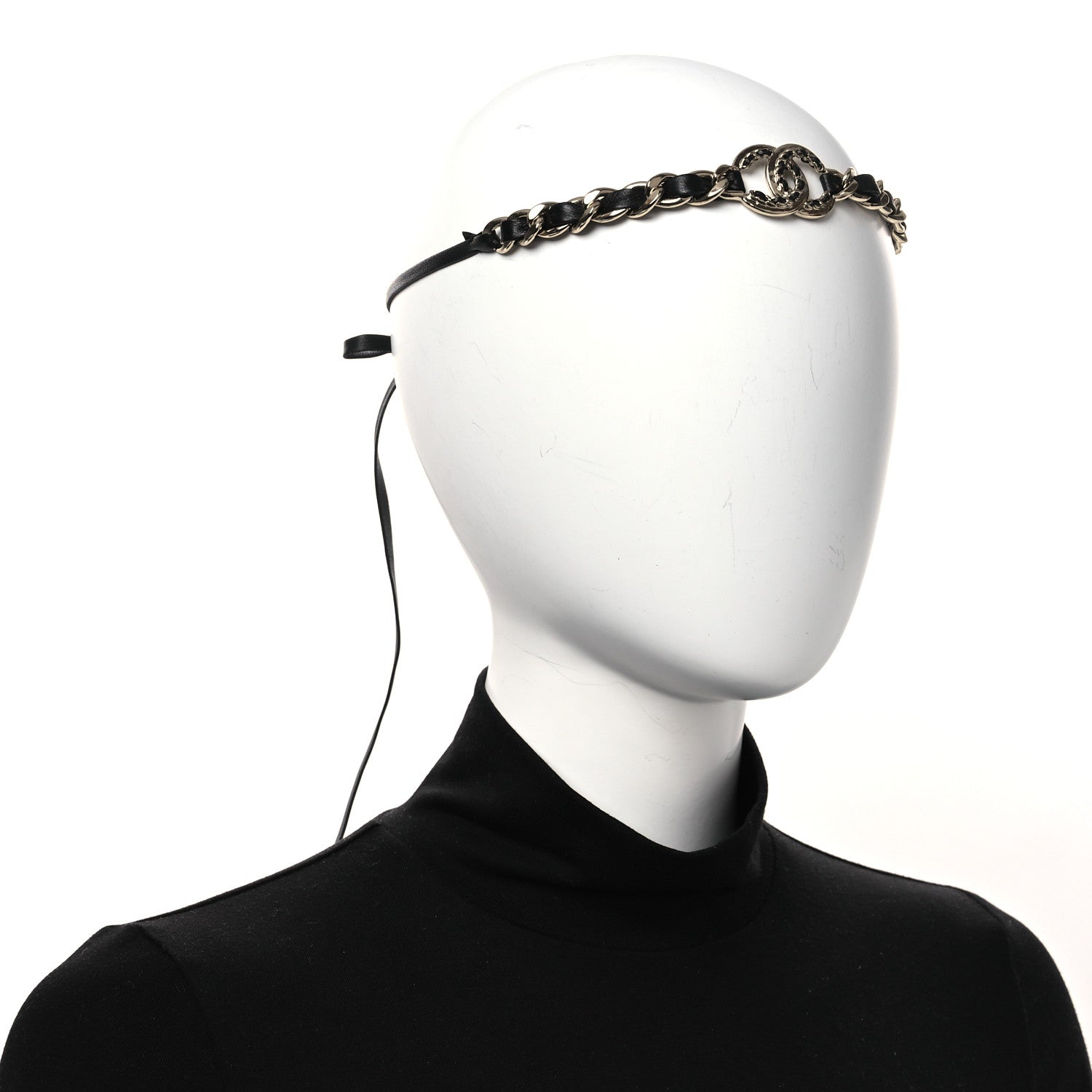 Chanel Metal Lambskin Crystal CC Chain Tie Headband Gold Black 2 of 5