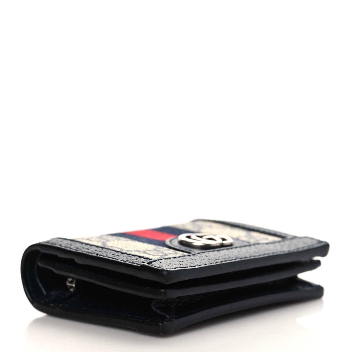 GG Supreme Monogram Textured Dollar Calfskin Web Ophidia Card Case Beige Blue