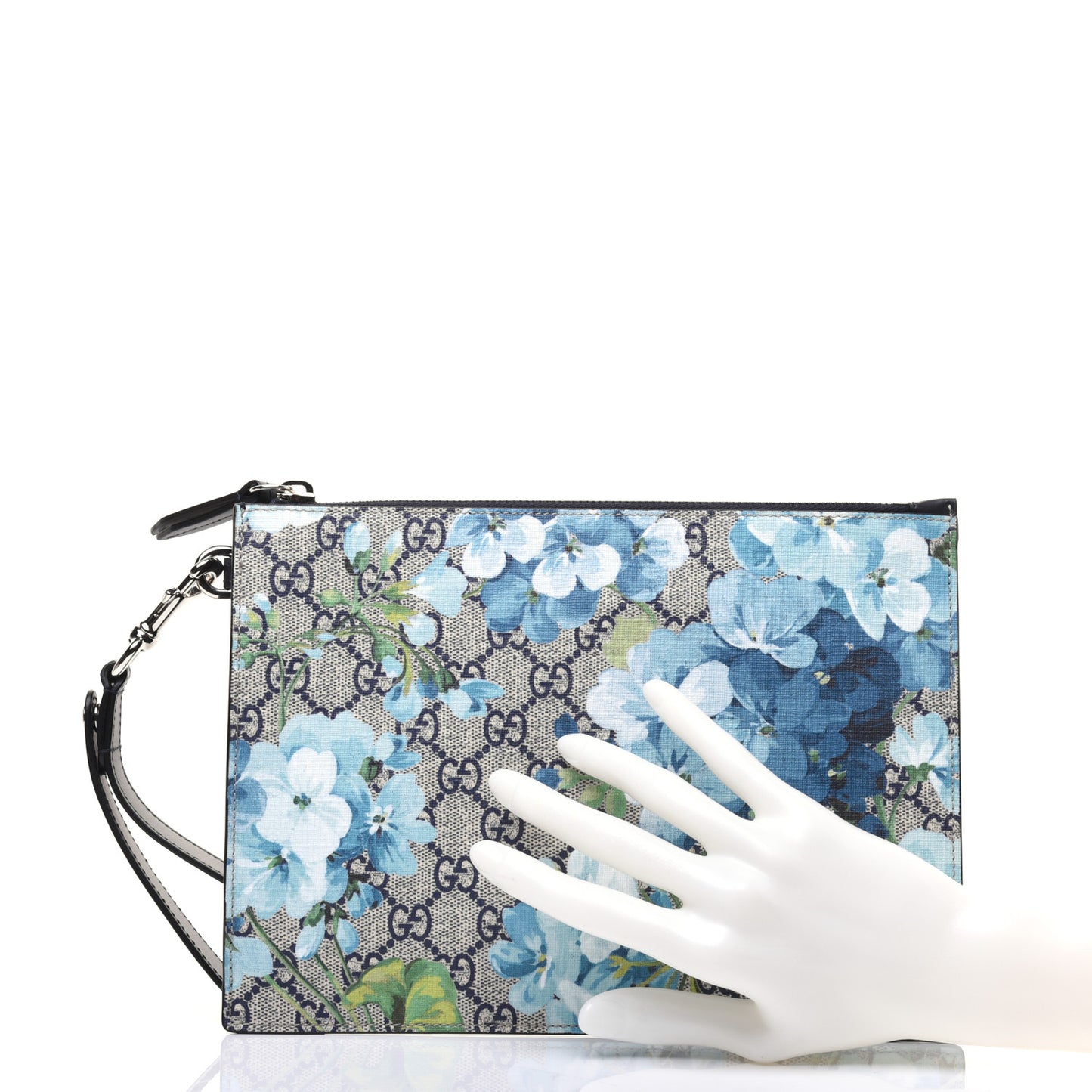 GG Supreme Monogram Blooms Small Zip Wristlet Pouch Beige Blue Black