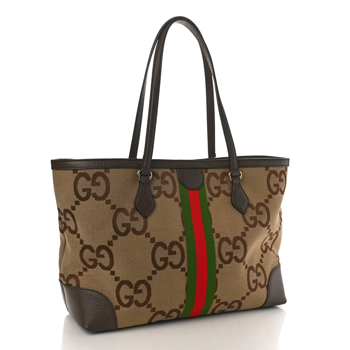 Monogram Jumbo GG Textured Dollar Calfskin Web Medium Ophidia Shopping Tote Camel Ebony