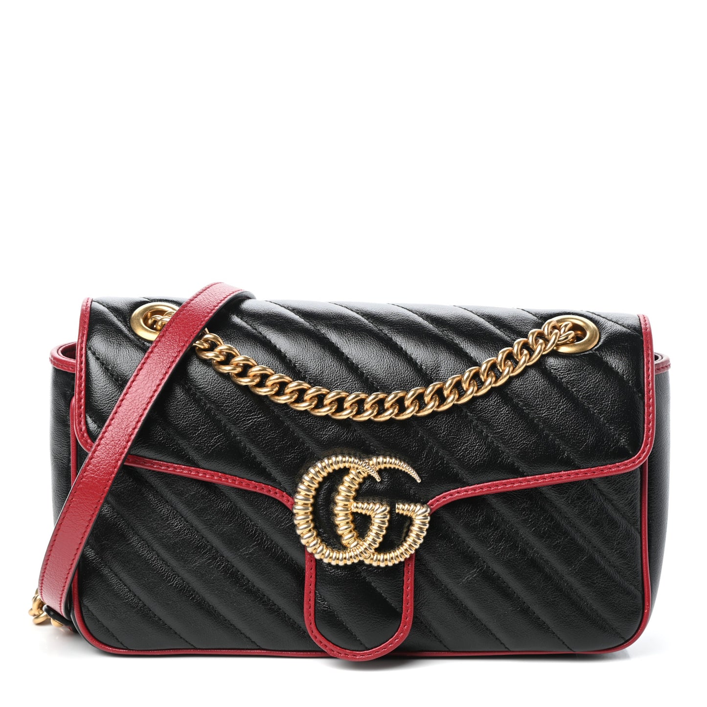 Vintage Effect Calfskin Matelasse Diagonal Small Torchon GG Marmont Shoulder Bag Black Romantic Cherry