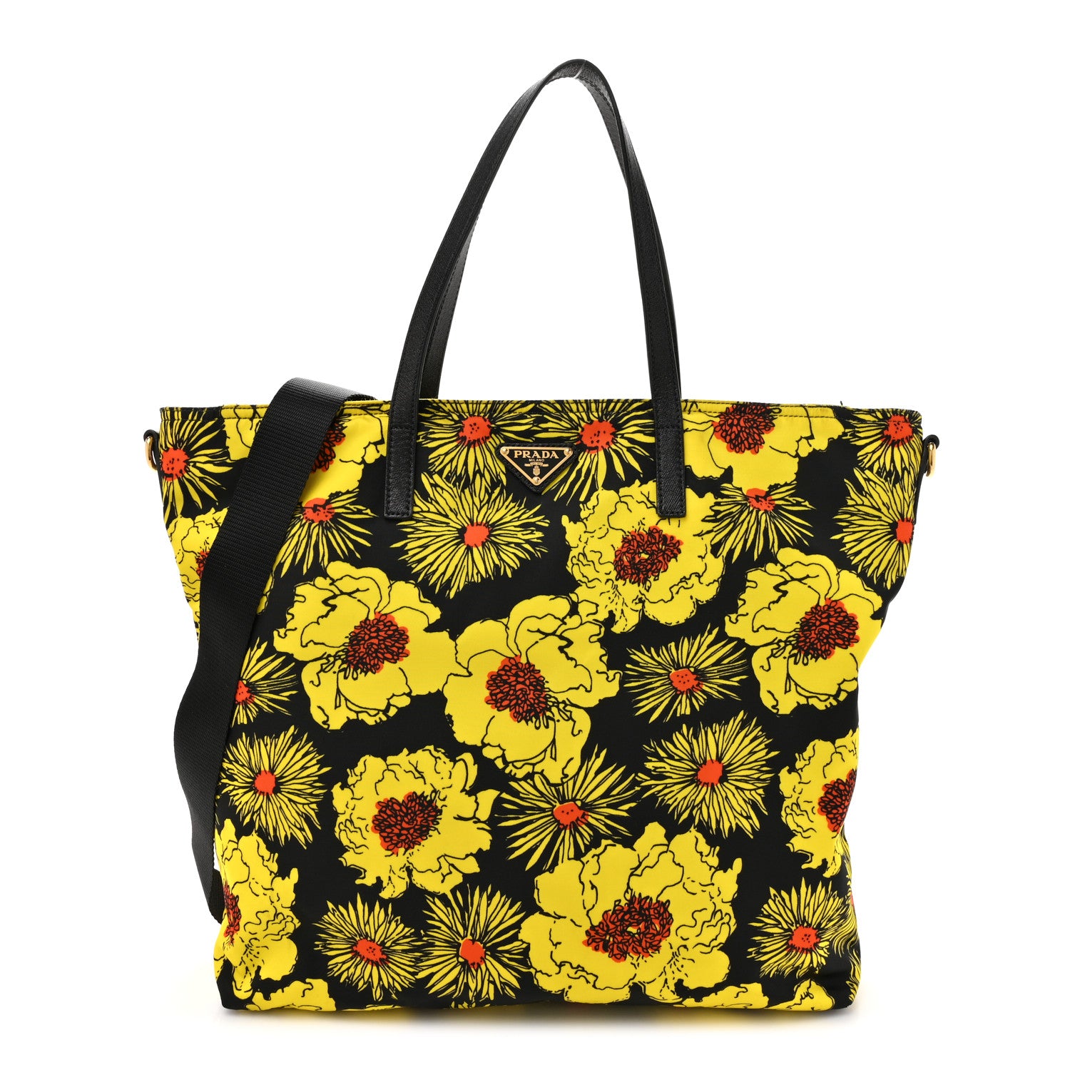 Prada Tessuto Nylon Saffiano Floral Print Tote Yellow Multicolor 1 of 14
